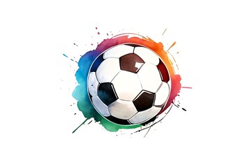 Fototapeta premium Soccer ball with vibrant watercolor splash effect on white background, dynamic sports art composition with rainbow colored paint splatters surrounding classic black and white ball.