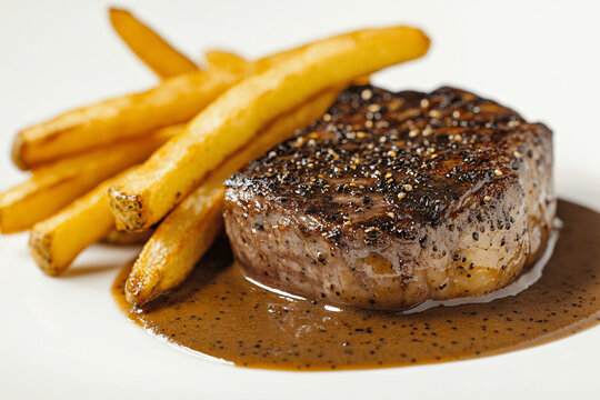 Classic steak au poivre with peppercorn sauce and crispy French fries on white background