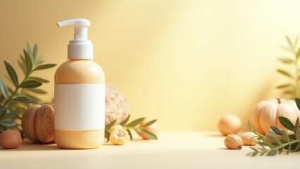 Elegant bottle of liquid adorned with olive leaves captured in a cinematic photograph showcasing natural beauty