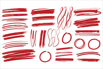 Obraz premium Hand-drawn red marker brush strokes and scribbles vector design. Red marker pen scribble strokes and circles vector. Red marker pen circles, underlines, and doodle strokes vector