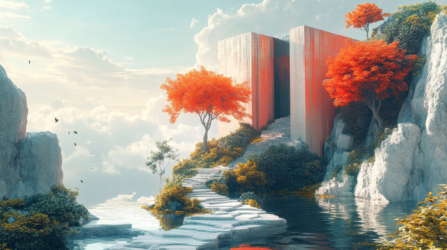 Fantasy Architectural Landscape with Red Trees