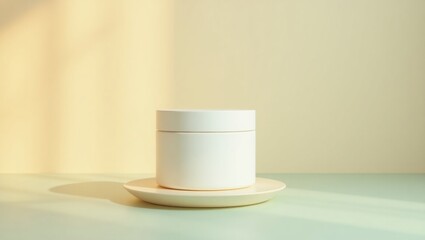 A minimalist white cup sitting elegantly on a wooden table surrounded by soft natural lighting and shadow play