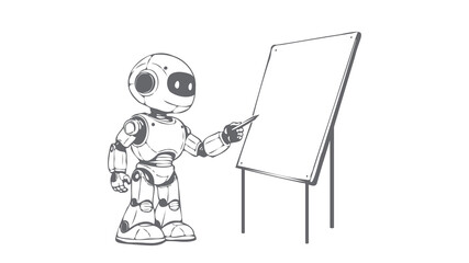 Robot points whiteboard. Blank presentation board learning. Education ai technology solution. Line art monotone vector illustration