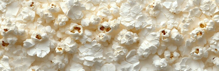Fresh popped white popcorn kernels scattered across surface in panoramic view showing fluffy texture and golden brown centers, creating snack food pattern.