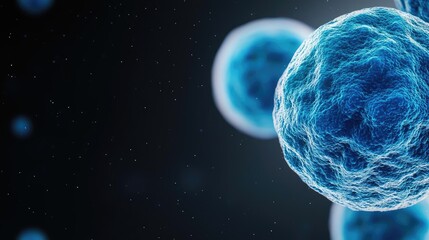 Blue exosome particles with three-dimensional sphere concept. Close-up view of detailed, abstract blue cellular structures.