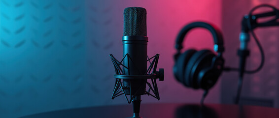 Neon cyan and magenta lights shine on a podcasting microphone and headphones, set on a black stand in a professional sound recording studio.