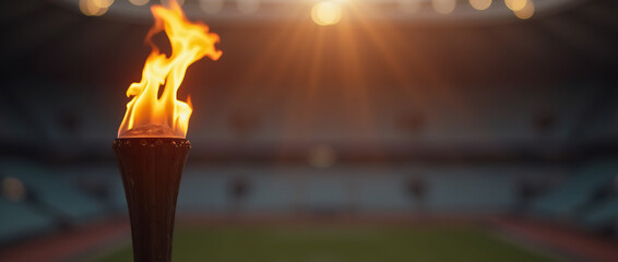 The Olympic torch burns brightly, its flame dancing against the blurred backdrop of a vibrant sports arena, symbolizing strength and unity.