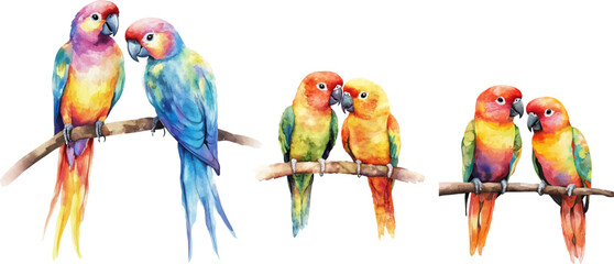 Obraz premium Watercolor painting of a cute pair of parrots sitting on a branch. Vector illustration isolated on white background