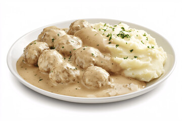 Traditional Swedish meatballs with creamy sauce and mashed potatoes on white background