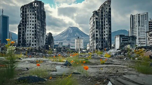 This stunning image showcases a devastated city landscape with flowers blooming among the rubble. It represents resilience and beauty in contrast to decay. Perfect for themed projects. AI
