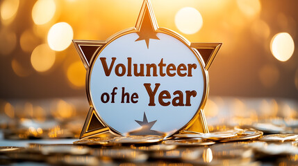 a golden star-shaped badge reading 'Volunteer of the Year', highlighting the dedication of outstanding volunteers, shining amid bokeh lights.