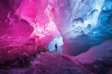 Exploring Magical Ice Cave with Colorful Light and Snow Landscape