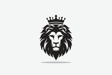 minimalist silhouette of lion's head front with a crown on its head as logo style in black and white