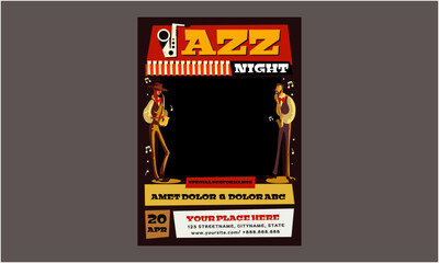 Jazz Day Flyer. Music festival.Vector illustrations of musicians, people and musical instruments: drums, cello, synthesizer, tape recorder for poster, flyer or background
