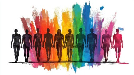 Diverse human silhouettes in a vibrant spectrum of rainbow colors representing the of individuality and