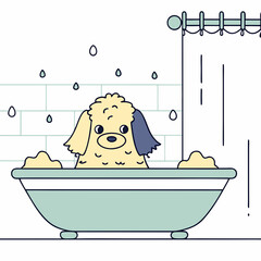 Naklejka premium Happy dog enjoying a bath in a cozy bathroom 