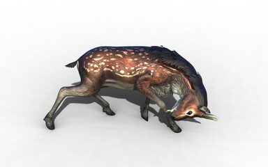 Obraz premium 3d Illustration of Graceful antlers rise as the deer elegantly grazes, its coat shimmering under a radiant sunlit forest canopy.