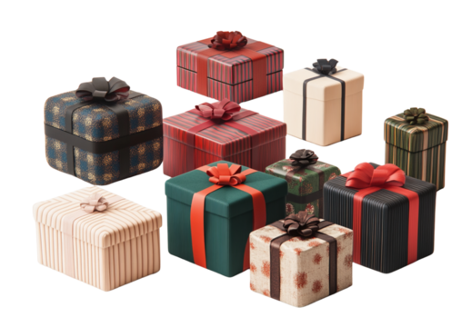 3D rendering collection of different gift boxes with ribbons, isolated on a white background.