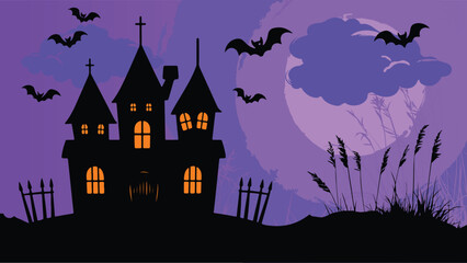 Spooky Halloween background with haunted house, 
pumpkins, and bats. Perfect for party invites, banners, and seasonal designs.