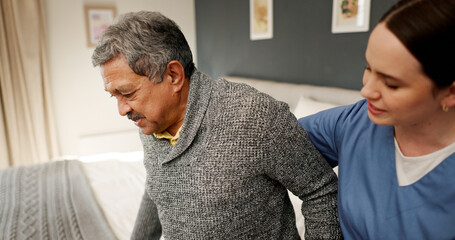 Obraz premium Senior man, nurse and help for walking in bedroom, home and support for balance, steps and recovery. Elderly person with disability, caregiver and guide for rehabilitation from injury in retirement