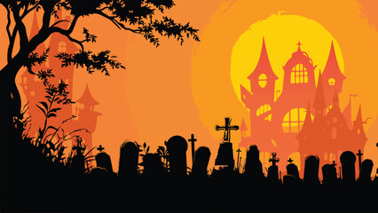 Spooky Halloween background with haunted house, 
pumpkins, and bats. Perfect for party invites, banners, and seasonal designs.