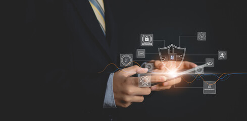 Cyber Security Technology with AI System, Businessman Using Digital Interface to Scan Password, Virtual Padlock Icons, Data Protection, Network Security, and Privacy Encryption for Safe Online Access
