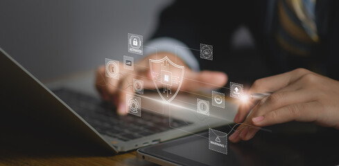 Cyber Security Technology with AI System, Businessman Using Digital Interface to Scan Password,...