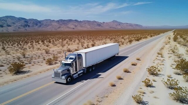 A heavy-duty truck navigates an empty highway surrounded by a vast desert. The sun shines brightly overhead, illuminating the arid landscape and distant mountains.