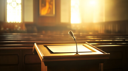 a serene scene of a wooden podium with a microphone in a bright church
