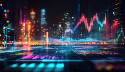 Night city skyline overlaid with financial data