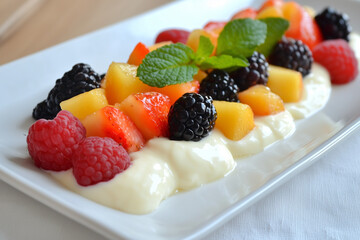 Fruit platter with yogurt.