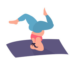 fat woman doing yoga pose headstand