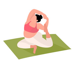 fat woman doing yoga pose one leg pigeon