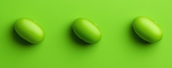Three glossy green objects on a bright green background create a monochromatic and minimalistic visual effect.