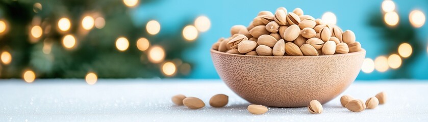 A wooden bowl filled with pistachios, set against a blurred background of festive lights and a soft surface.