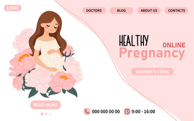 Website homepage with beautiful pregnant woman. Healthy pregnancy and motherhood concept. Web site page for mothers in pink colour.