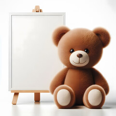 Classic teddy bear sitting next to an easel with a blank white square, for your design.