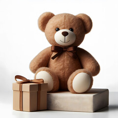 A cute teddy bear with a gift box, ideal for a birthday or holiday gift.