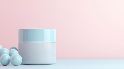 Blue exosome particles with three-dimensional skincare concept. Moisturizing cream jar with pastel colors for skincare concepts.
