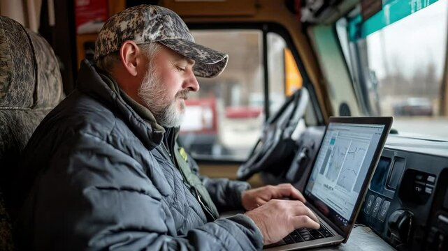 A truck driver sits in his vehicle, focused on a laptop screen. He checks maps and plans routes during a layover, ensuring timely deliveries while on the road.