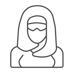Arab woman with face mask and headwear thin line icon, arabian desert concept. Vector graphics. Fatima, married woman avatar sign on white background, outline style icon for mobile or web design.