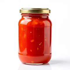 Bottled tomato sauce, high-resolution food image, transparent jar, white background
