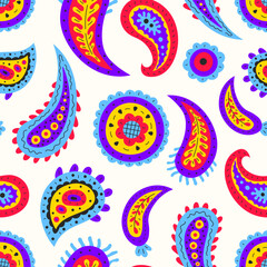 Paisley Modern Seamless Pattern. Trendy Hand drawn Vibrant colored Abstract Playful Whimsical Background with Quirky Floral Ornament. Repeat vector illustration