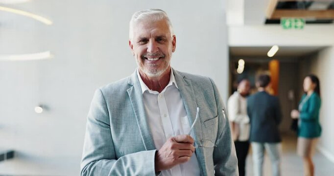 CEO, face and happy businessman with glasses, investor and chief financial officer in office. Smile, corporate executive and portrait of mature manager, boss and professional entrepreneur in lobby