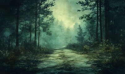 Fototapeta premium Enchanted Forest Path Mystical Green Trees Foggy Atmosphere Tranquil Nature Scene Serene Woodland Magical Landscape Picturesque Path Mysterious Woods 