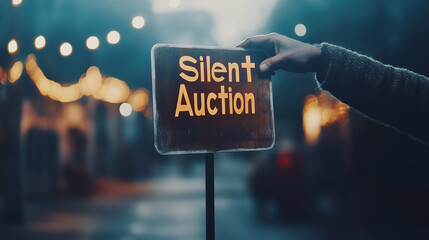 a person's hand is holding a sign that says "silent auction", the atmosphere is night. there are some lights