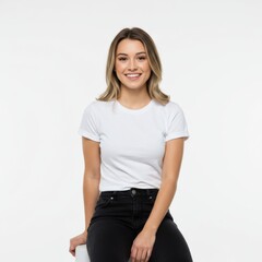 Fototapeta premium A pretty girl smiling sitting wearing white t-shirt black jeans to create mockups templates