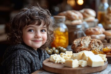Naklejka premium A happy child in a good mood sits with his delicious breakfast.