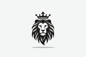  minimalist silhouette of lion's head front with a crown on its head as logo style in black and white