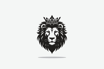 Obraz premium minimalist silhouette of lion's head front with a crown on its head as logo style in black and white